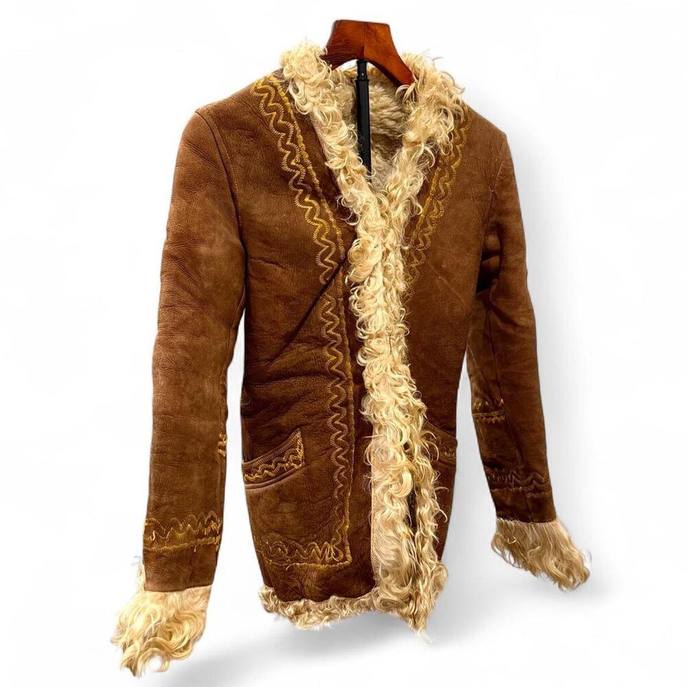 Vintage 70s Boho Embroidered Sheepskin & Shearling Afghan Penny Lane Coat XS/S - Picture 4 of 8